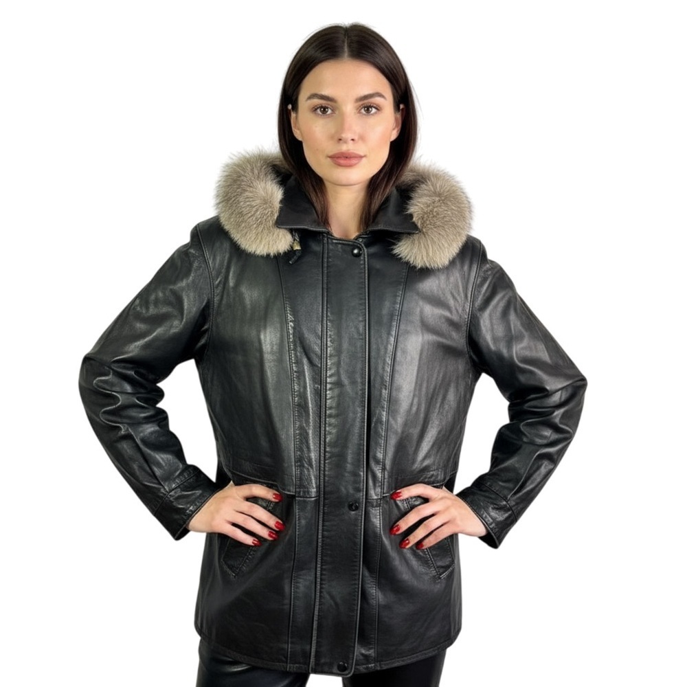 MIX Black Leather Fur Hooded Coat Jacket Women's Large